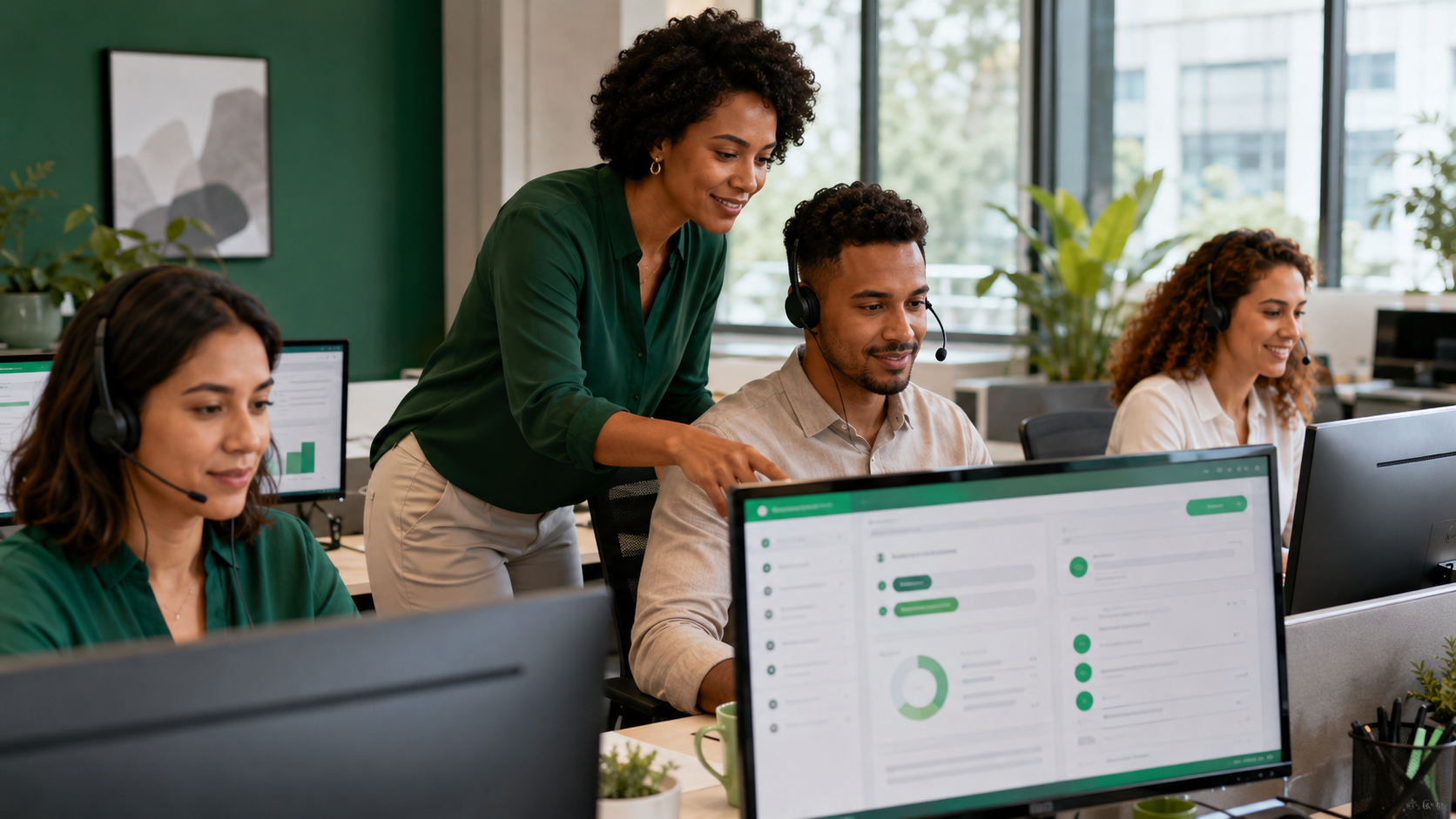 Equipe de atendimento trabalhando organizada em computadores enquanto uma gestora acompanha os resultados