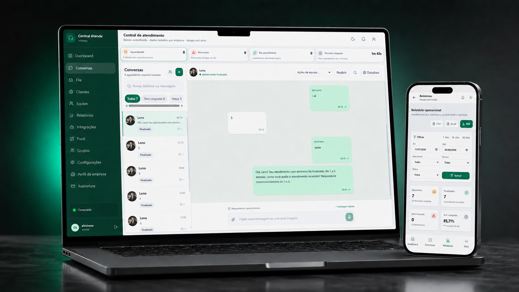 Praxion Atende aberto em um notebook e em um celular, mostrando conversas e relatórios